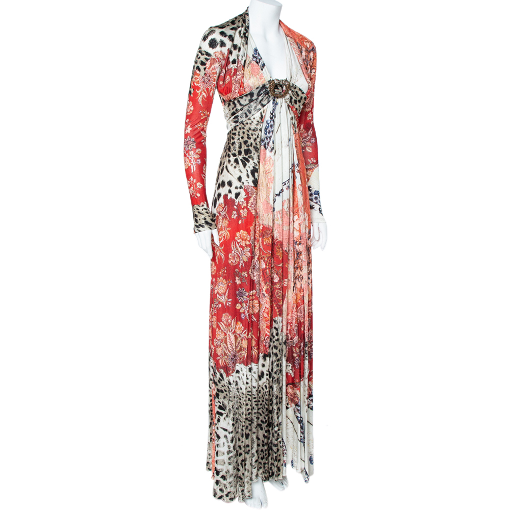 

Roberto Cavalli Multicolor Floral and Animal Print Crepe Gathered Maxi Dress