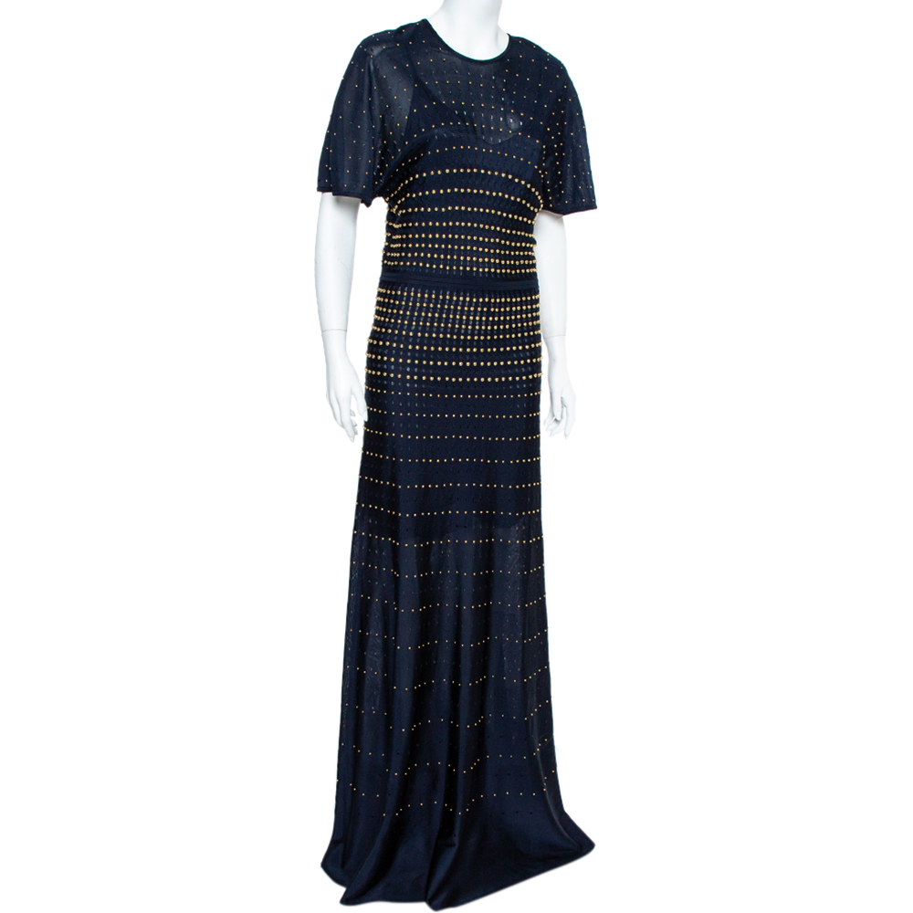 

Roberto Cavalli Navy Blue Pointelle Knit Studded Maxi Dress