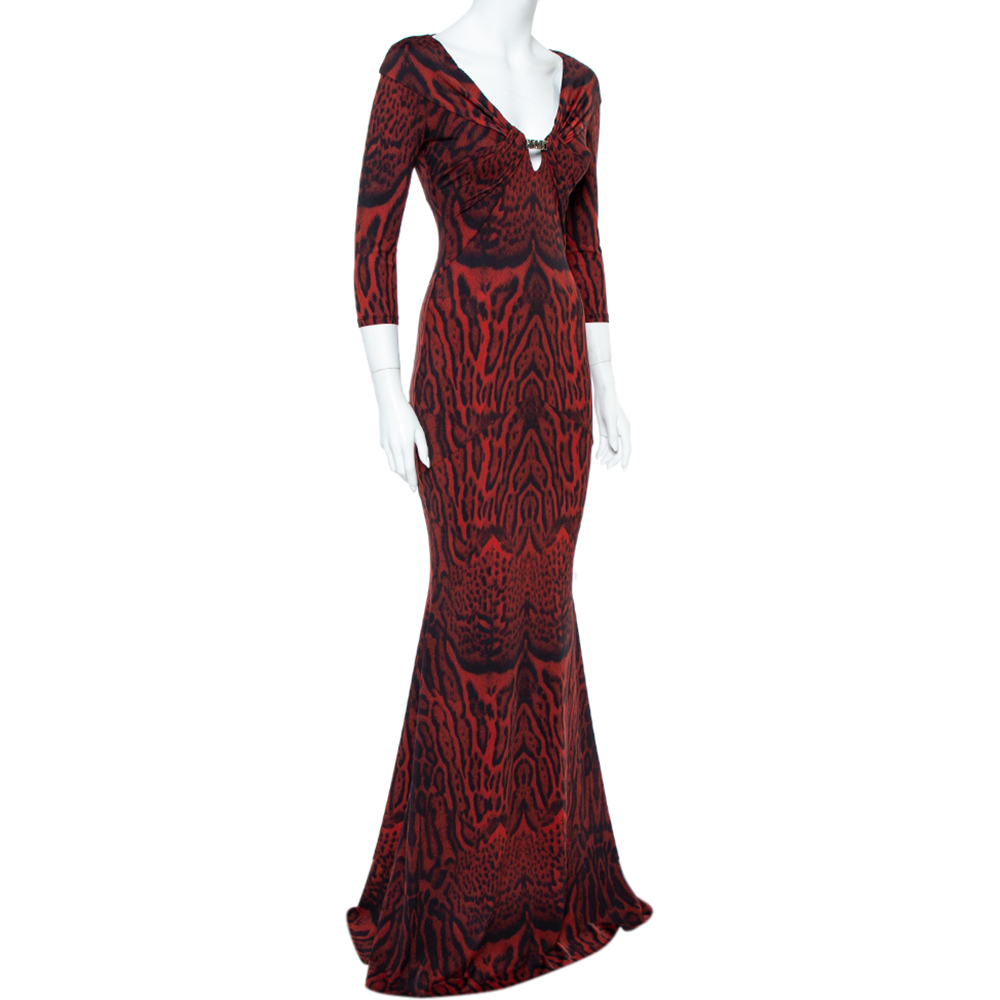 

Roberto Cavalli Red Leopard Print Jersey Fitted Maxi Dress