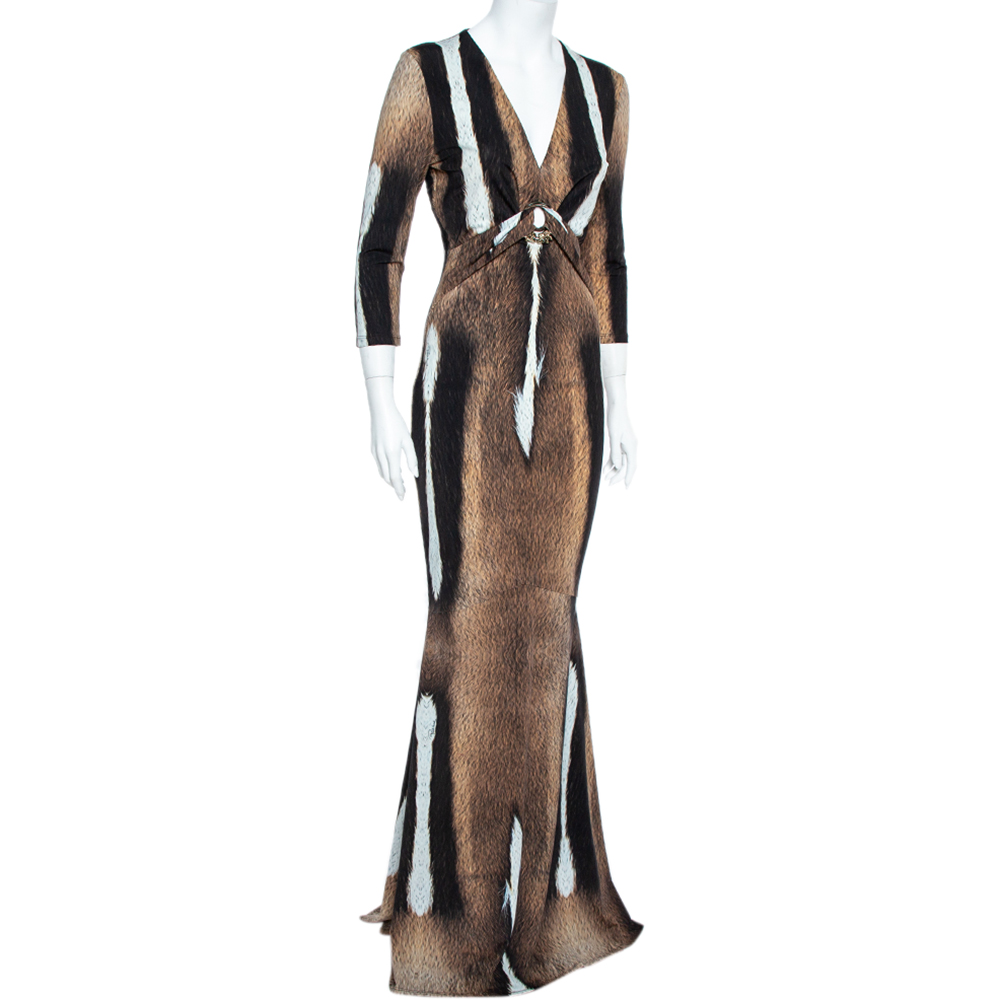 

Roberto Cavalli Brown Fur Print Jersey Brooch Detail Maxi Dress