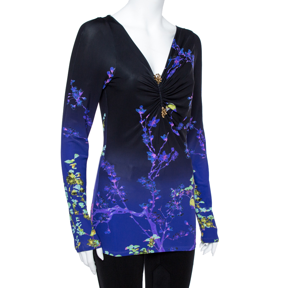

Roberto Cavalli Purple Floral Print Jersey Ruched Top