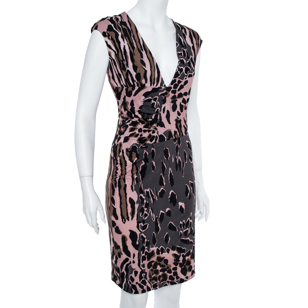 

Roberto Cavalli Grey and Pink Ruched Animal Print Dress, Multicolor