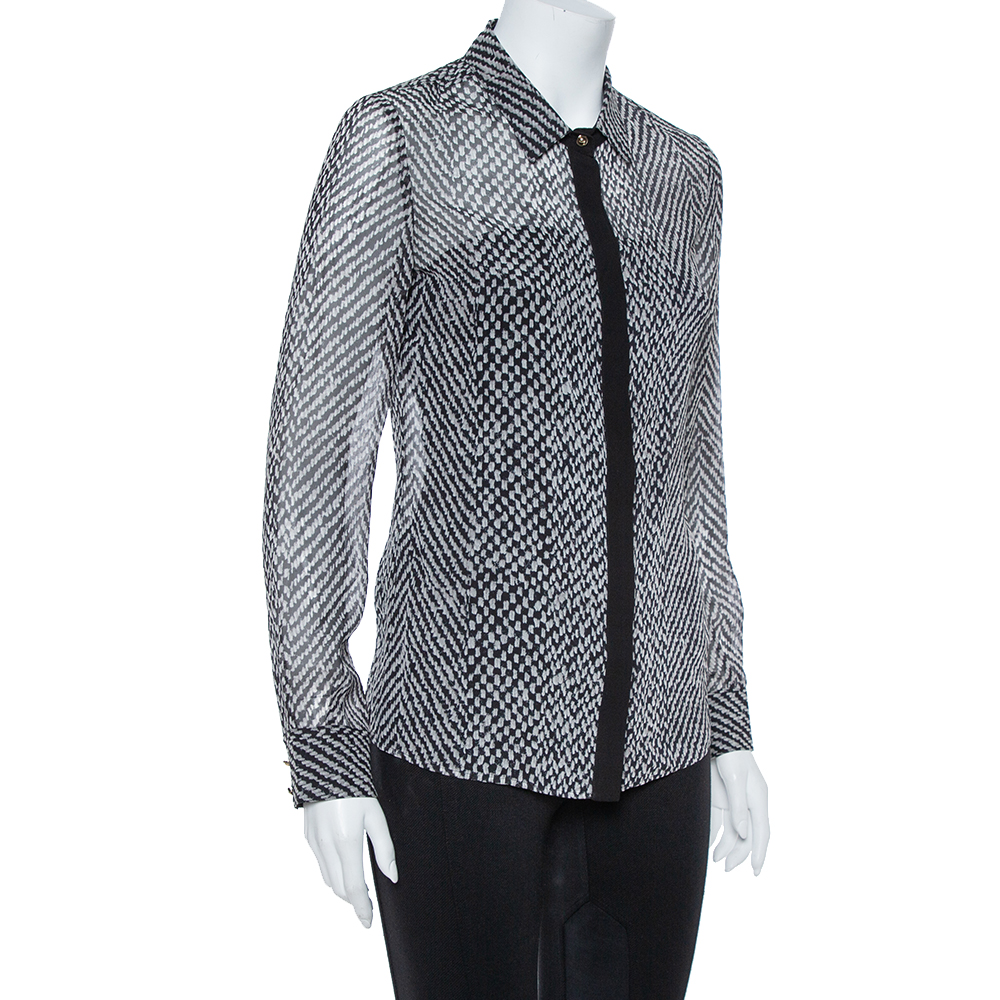 

Roberto Cavalli Monochrome Silk Long Sleeve Sheer Blouse, Black
