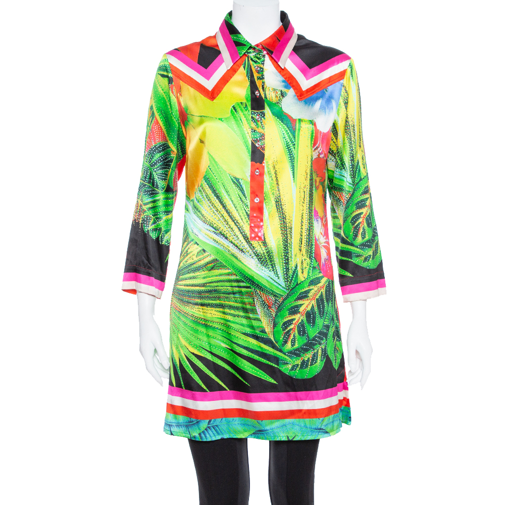 

Roberto Cavalli Multicolor Tropical Printed Silk Satin Collared Tunic