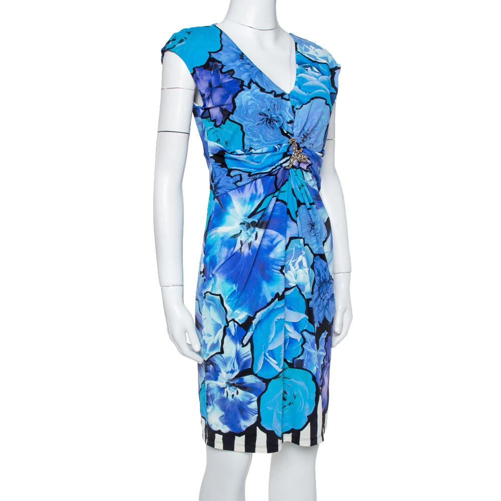 

Roberto Cavalli Blue Floral Print Jersey Brooch Detail Dress