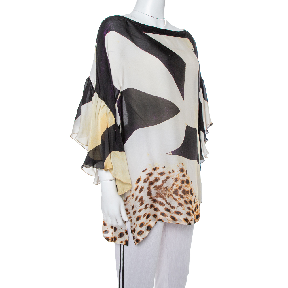 

Roberto Cavalli Cream Animal Print Silk Boat Neck Top