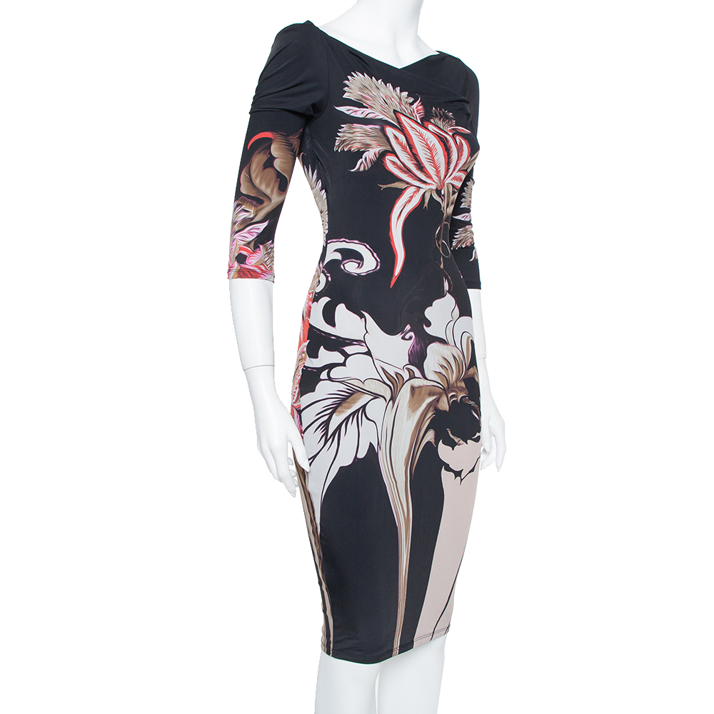 

Roberto Cavalli Black Floral Printed Knit Bodycon Dress