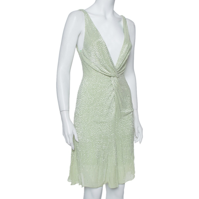 

Roberto Cavalli Pastel Green Bead Embellished Silk Plunge Neck Mini Dress