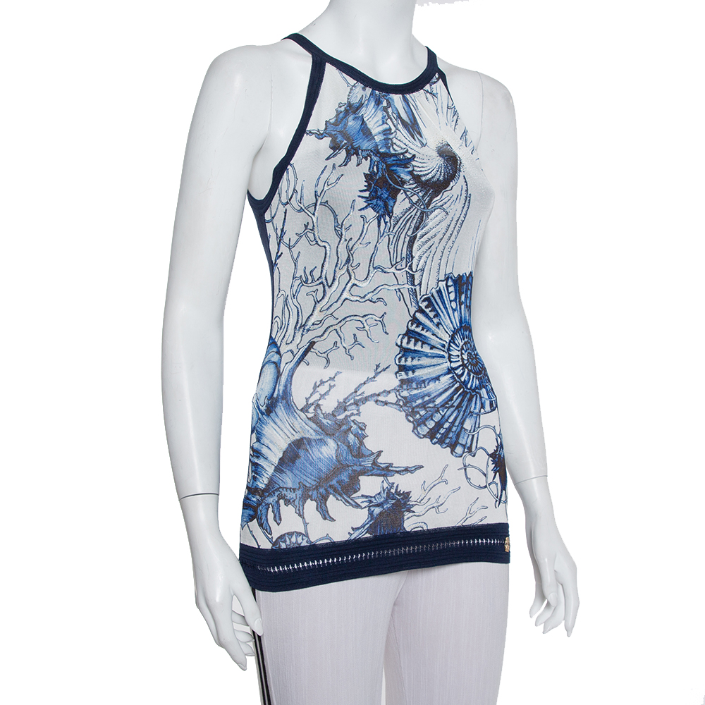 

Roberto Cavalli Navy Blue & White Printed Knit Sleeveless Top