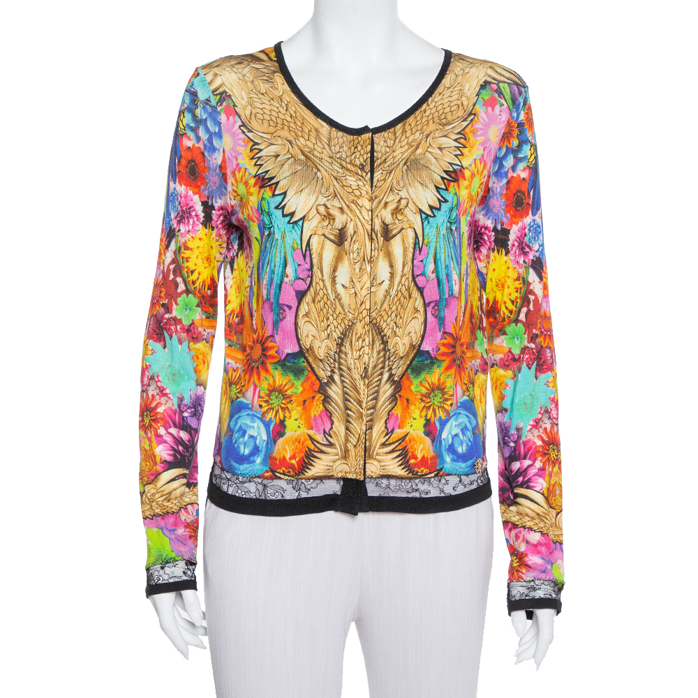 Pre-owned Roberto Cavalli Multicolor Floral Printed Silk Button Front Cardigan M