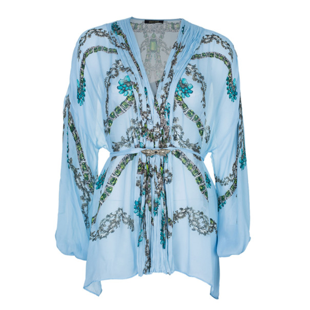 Pre Owned Roberto Cavalli Blue Floral Silk Chiffon Kaftan Top S