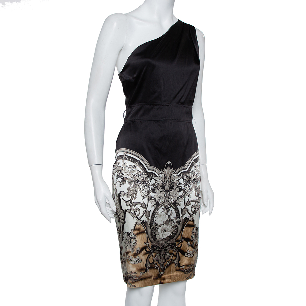 

Roberto Cavalli Black Printed Satin One Shoulder Dress