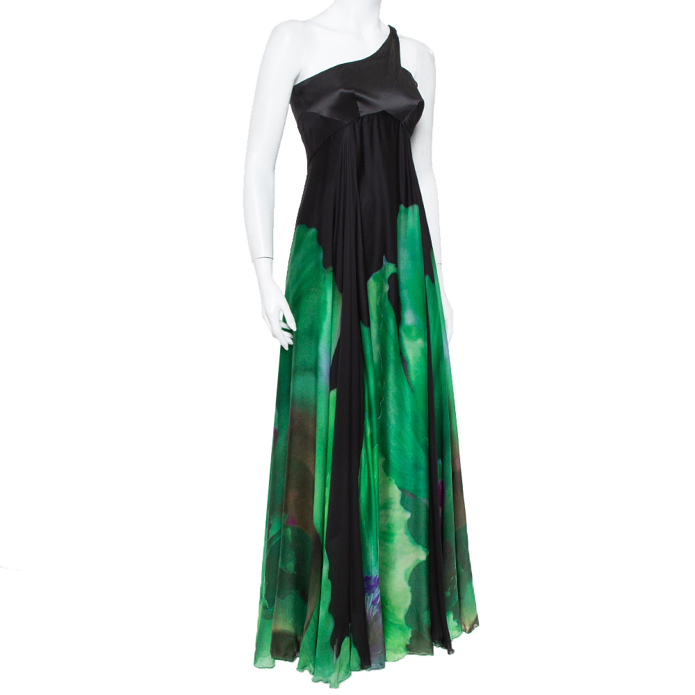 

Roberto Cavalli Black and Green Printed Silk One Shoulder Gown