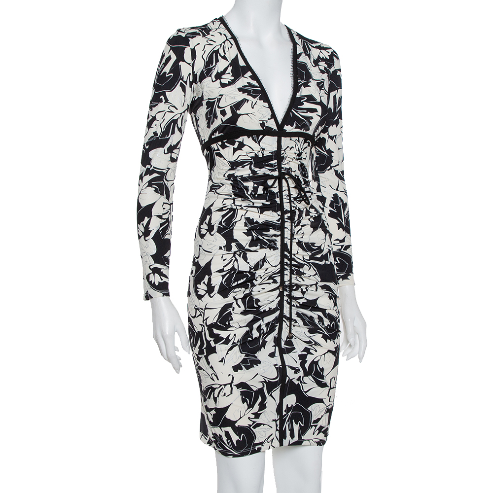 

Roberto Cavalli Monochrome Printed Knit Ruched Plunge Neck Dress, Black
