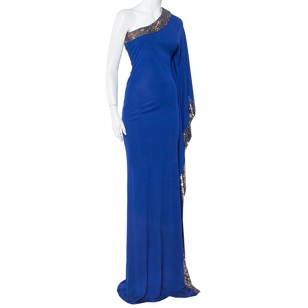 

Roberto Cavalli Royal Blue Knit Sequin Embellished Detail One Shoulder Maxi Dress