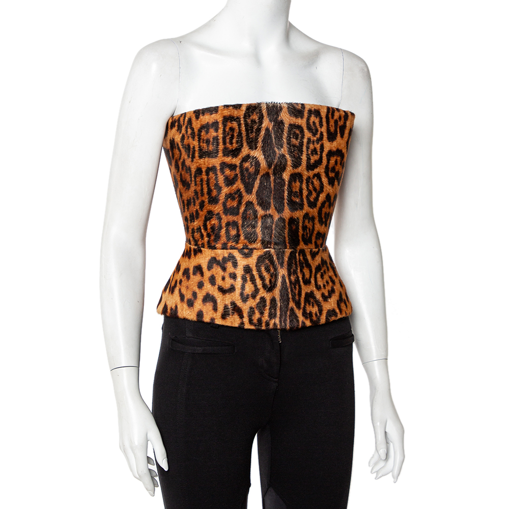 

Roberto Cavalli Brown Animal Print Fur & Leather Trim Strapless Corset Top