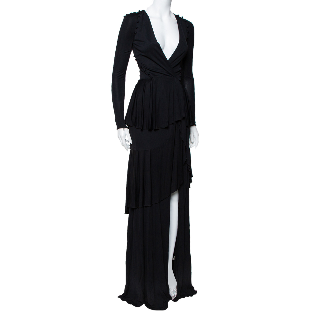 

Roberto Cavalli Black Knit Ruffled Maxi Wrap Dress