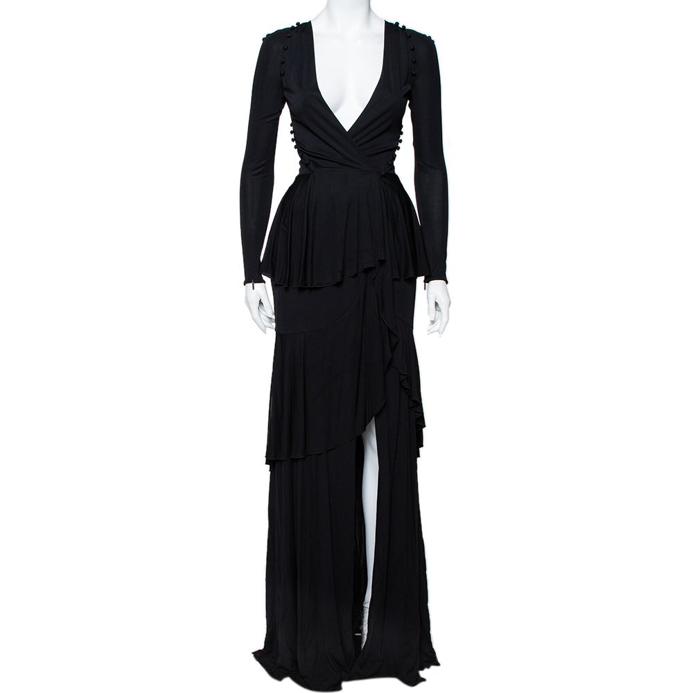 Pre-owned Roberto Cavalli Black Knit Ruffled Maxi Wrap Dress S