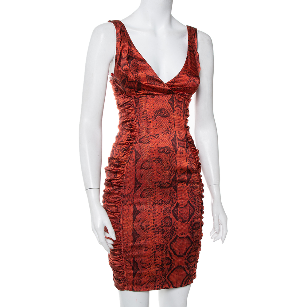 

Roberto Cavalli Brown Animal Printed Satin Ruched Mini Dress
