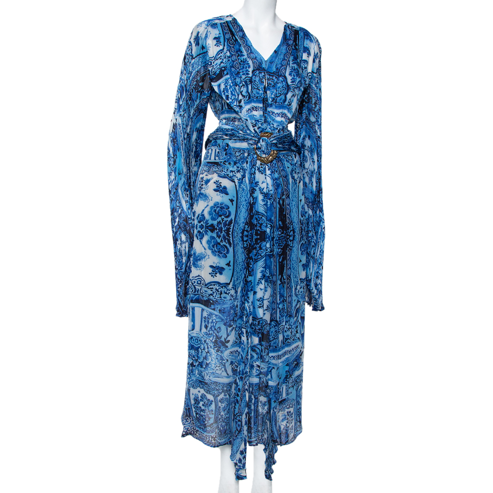 

Roberto Cavalli Blue Printed Silk Belted Maxi Dress