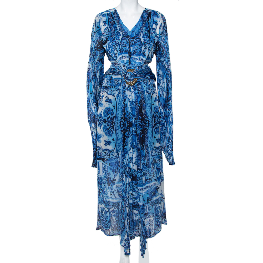 Pre-owned Roberto Cavalli Blue Printed Silk Belted Maxi Dress L