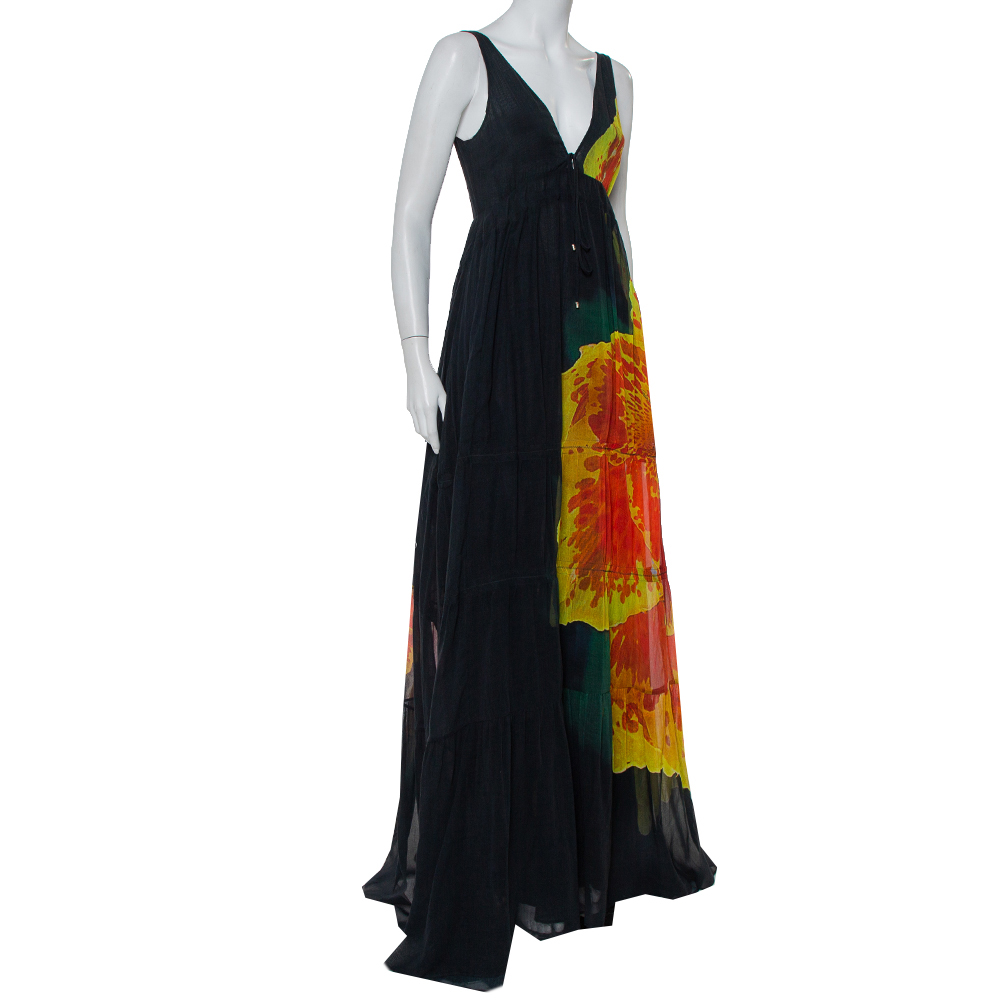 

Roberto Cavalli Black Cotton Abstract Printed V Neck Maxi Dress