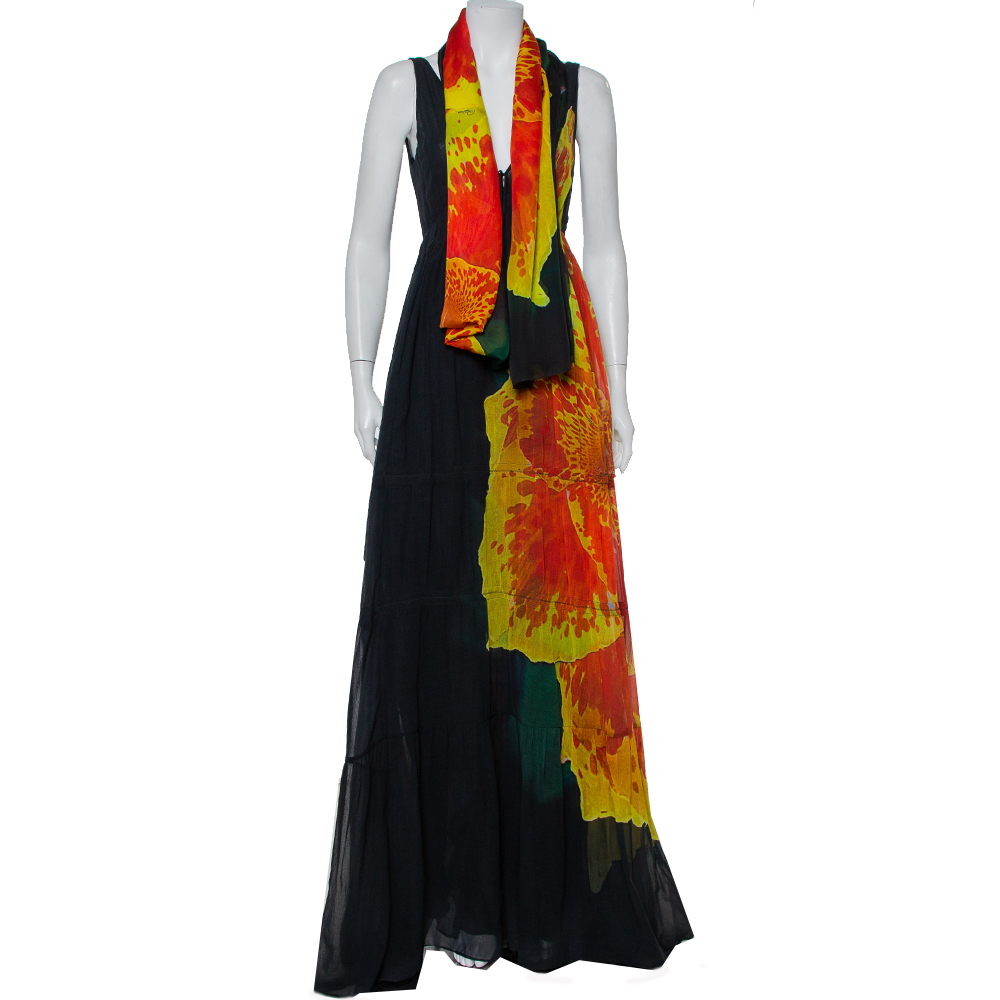 Pre-owned Roberto Cavalli Black Cotton Abstract Printed V Neck Maxi Dress M