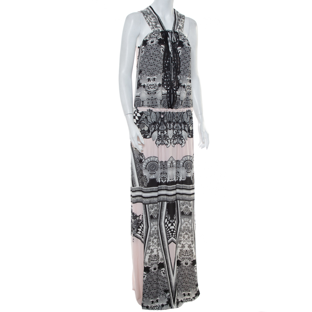 

Roberto Cavalli Multicolor Printed Jersey Cutwork Neckline Detail Maxi Dress