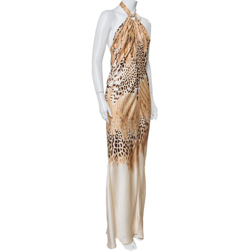 

Roberto Cavalli Beige Animal Printed Silk Satin Halter Neck Maxi Dress