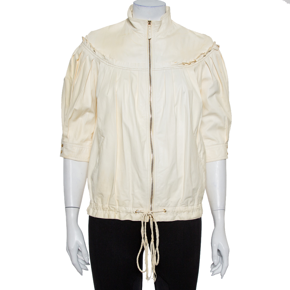 Pre-owned Roberto Cavalli Cream Leather Pleated Detail Zipper Front Jacket S