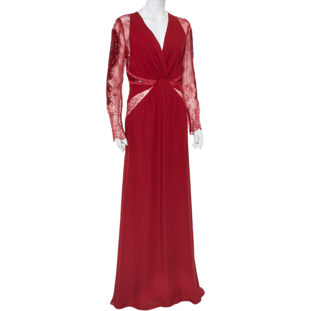 

Roberto Cavalli Burgundy Silk Embellished Lace Sleeve Detail Faux Wrap Maxi Dress