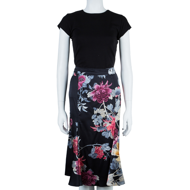 

Roberto Cavalli Black Floral Print Silk Skirt