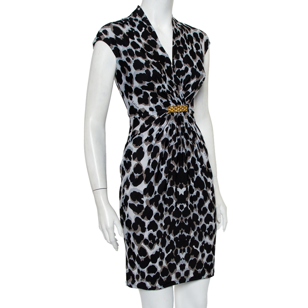 

Roberto Cavalli Black & Grey Animal Printed Draped Waist Detail Mini Dress