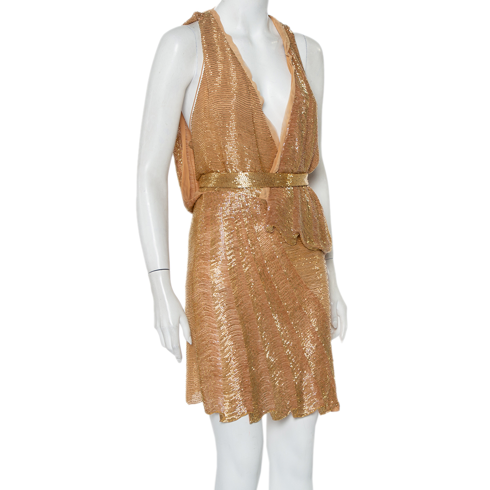 

Roberto Cavalli Gold Bead Embellished Silk Overlay Belted Detail Mini Dress