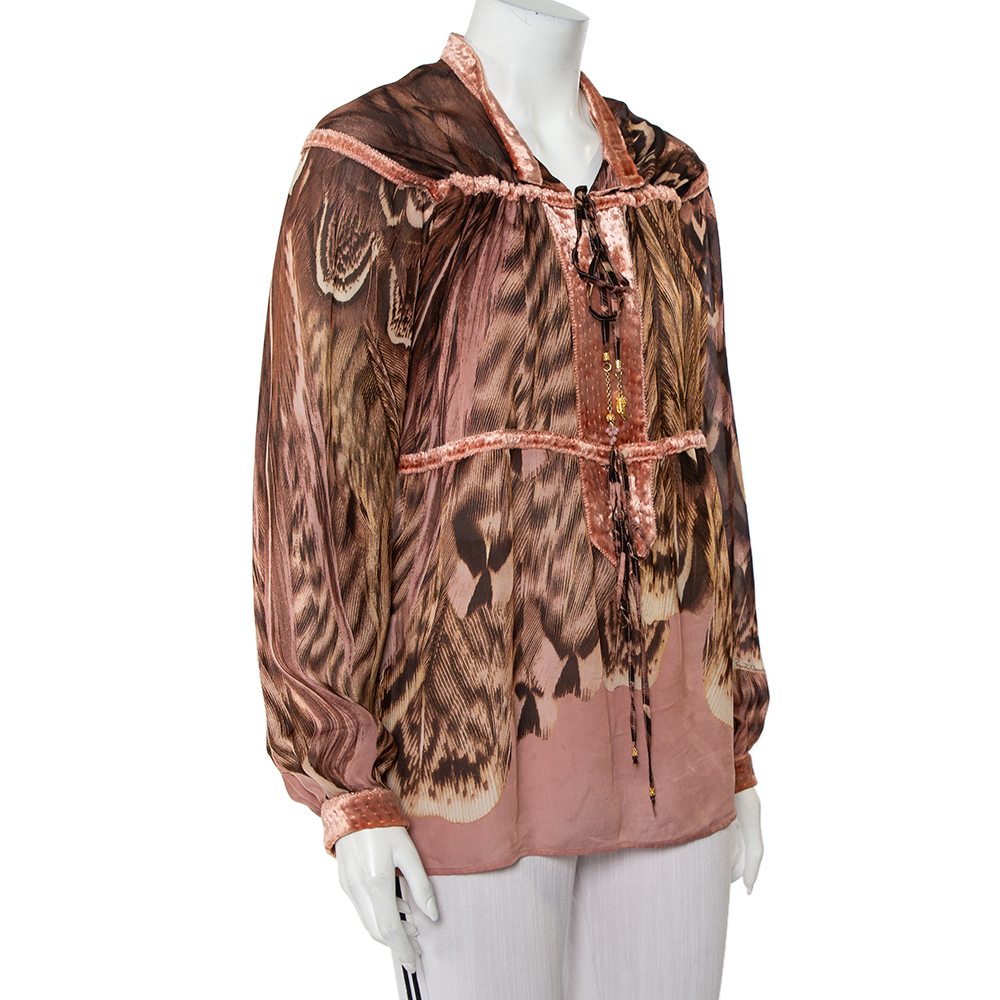 

Roberto Cavalli Multicolor Animal Printed Silk Velvet Trim Sheer Blouse L, Pink