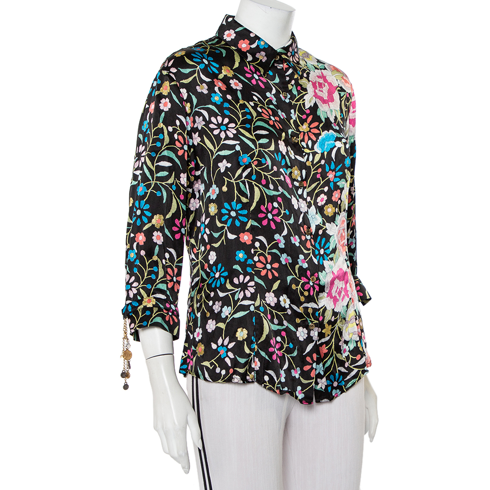 

Roberto Cavalli Black Floral Printed Silk Satin Button Front Shirt