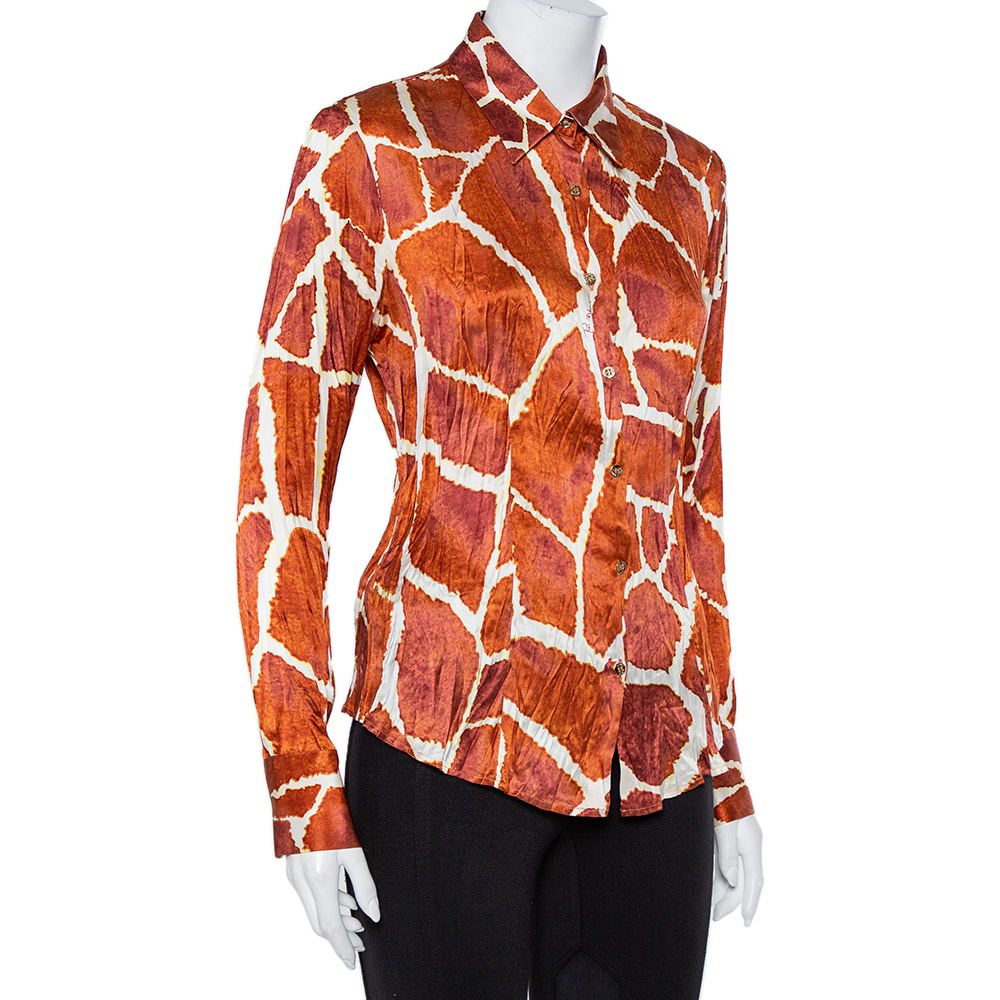 

Roberto Cavalli Brown Printed Silk Button Front Shirt
