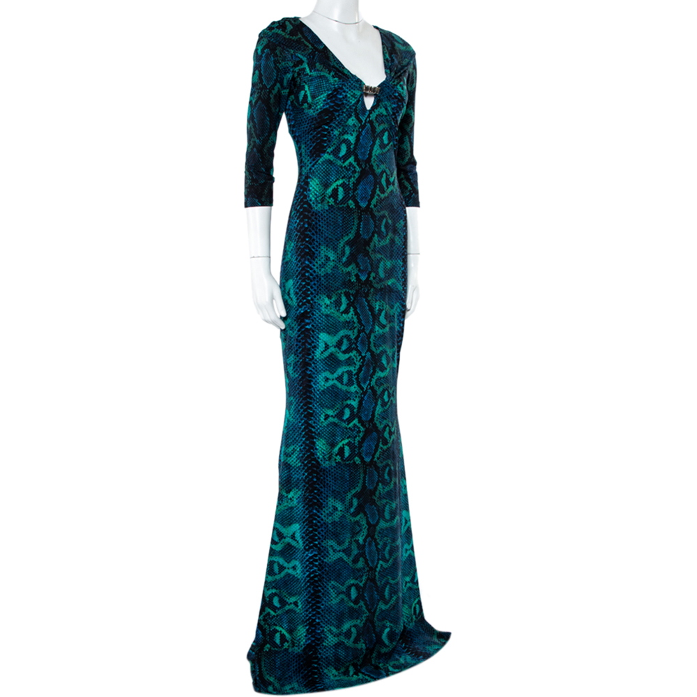 

Roberto Cavalli Blue Snakeskin Printed Jersey Maxi Dress