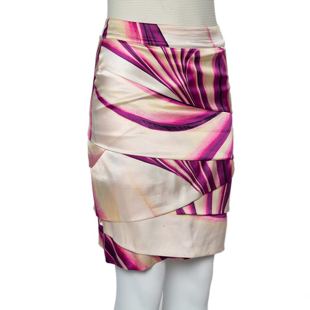 

Roberto Cavalli Multicolor Printed Silk Satin Tiered Mini Skirt