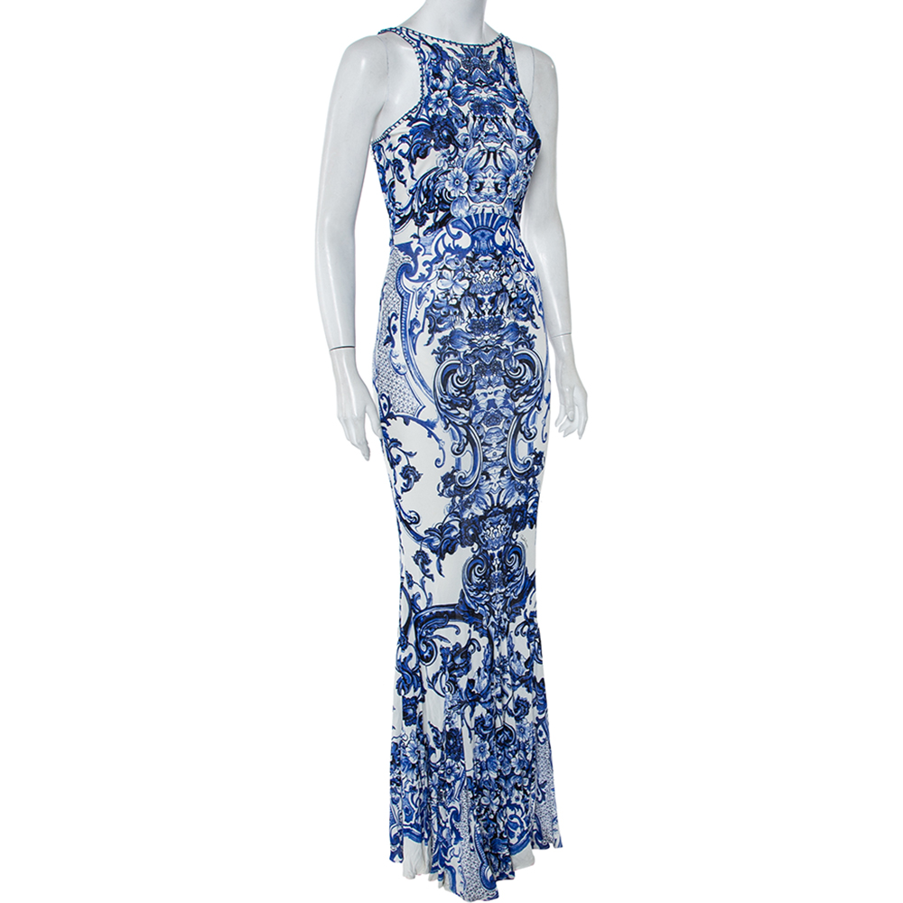 

Roberto Cavalli White & Blue Printed Jersey Lace Detail Sleeveless Maxi Dress