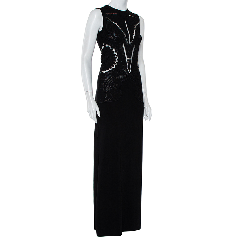 

Roberto Cavalli Black Floral Jacquard Knit Slit Detail Maxi Dress