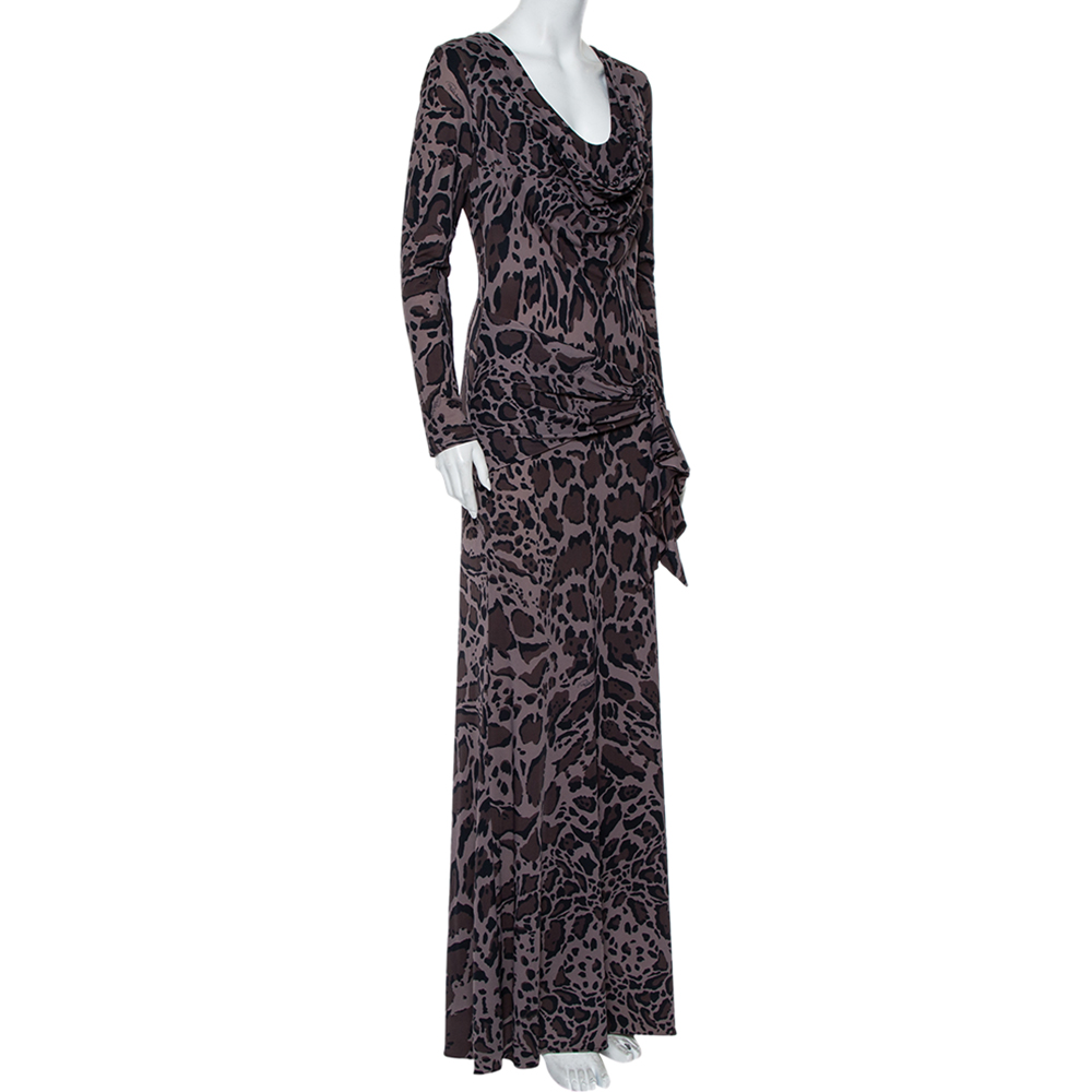 

Roberto Cavalli Charcoal Grey Printed Jersey Draped Neck Maxi Dress