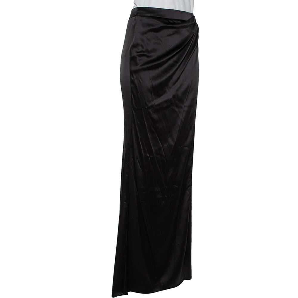 

Roberto Cavalli Black Silk Satin Faux Wrap Maxi Skirt