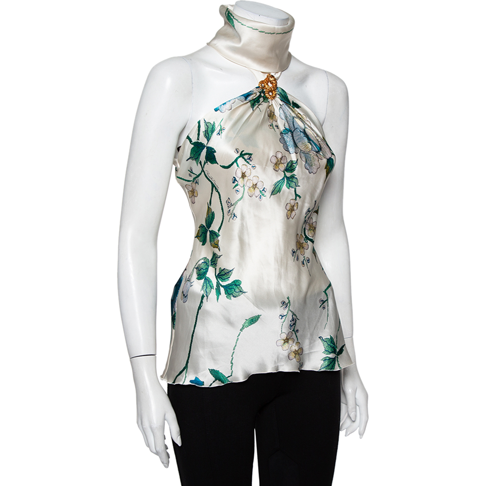 

Roberto Cavalli White Floral Printed Silk Satin Halter Neck Top