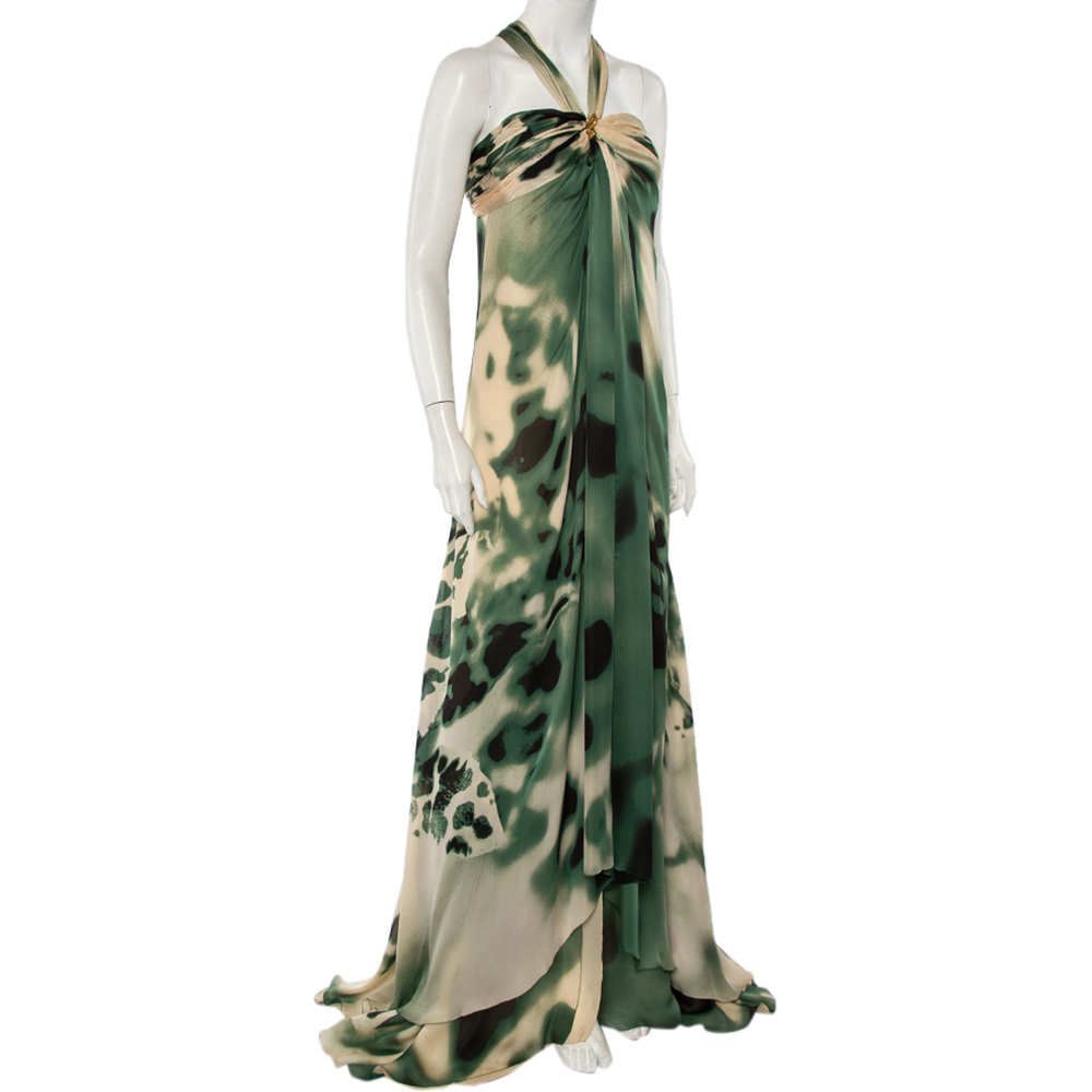 

Roberto Cavalli Green & Cream Silk Bustier Detail Halterneck Gown