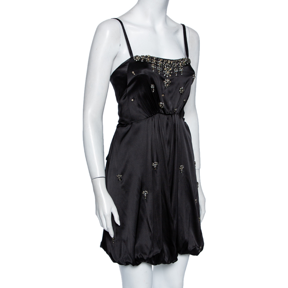 

Roberto Cavalli Black Crystal Embellished Silk Satin Waist Tie Detail Mini Dress