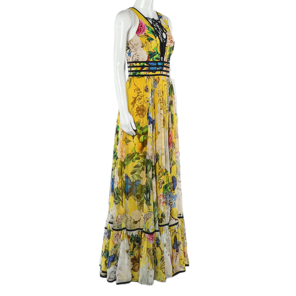 

Roberto Cavalli Yellow Floral Printed Silk Lace Up Detail Sleeveless Maxi Dress