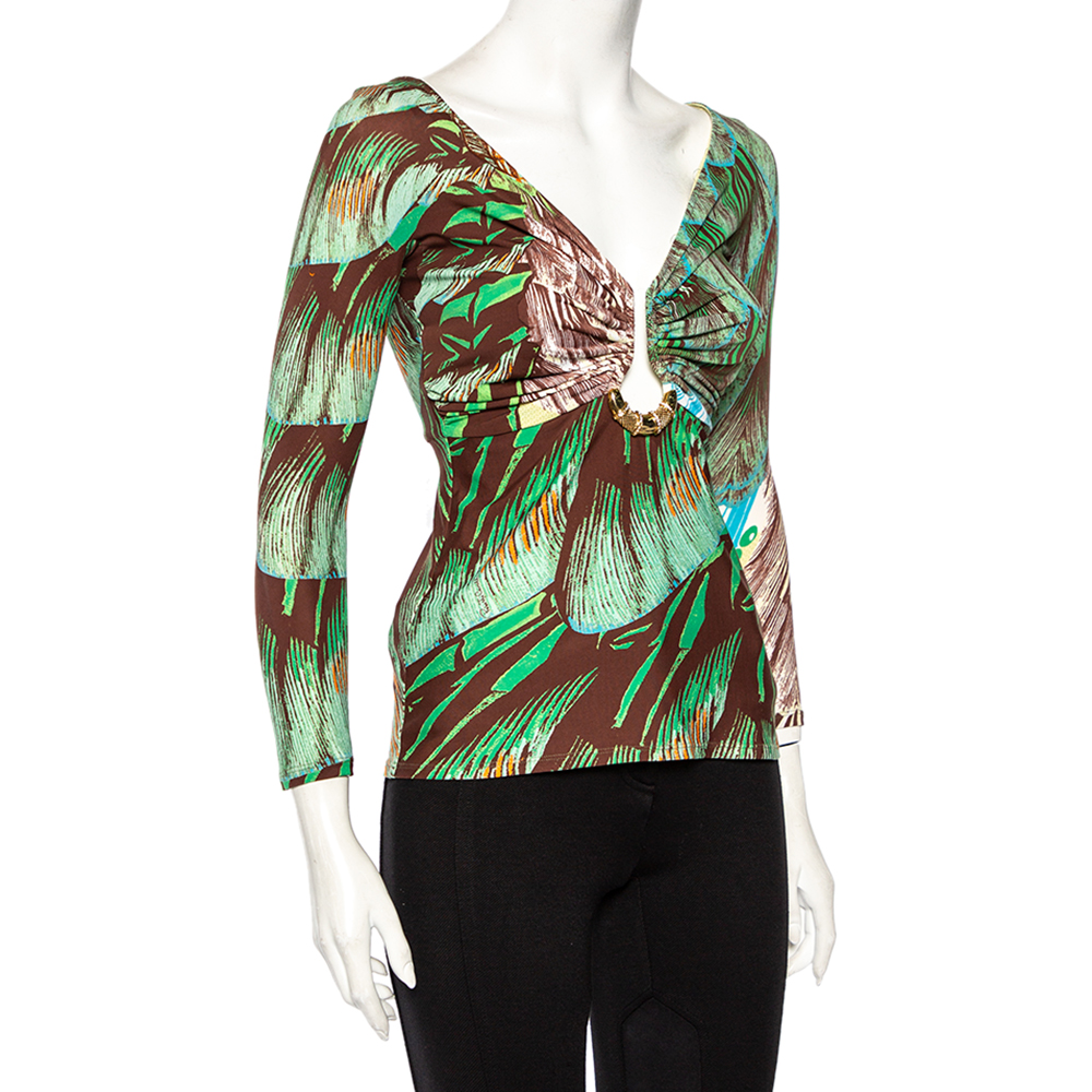 

Roberto Cavalli Multicolor Printed Jersey Plunging Draped Neck Top