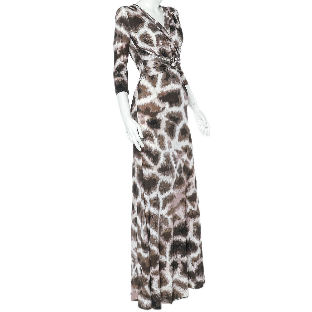 

Roberto Cavalli Beige Animal Printed Jersey Faux wrap Draped Maxi Dress