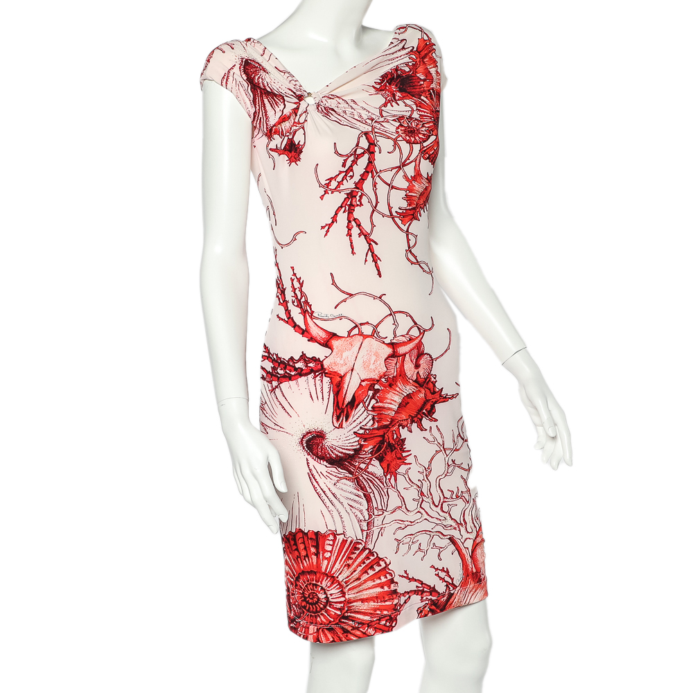

Roberto Cavalli White Printed Jersey Draped Detail Sheath Dress